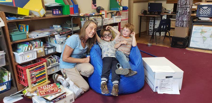 Mrs. Maria Seesz at St. Peters Lutheran School in MV with some students trying out the new bean bag “reading” chair.