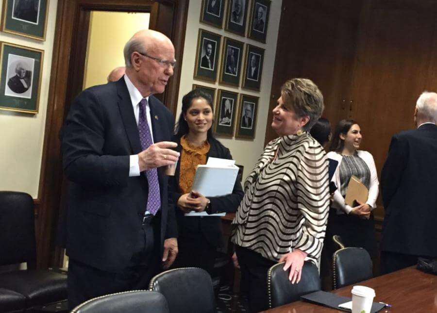 In the briefing room before the hearing, Konnie visits with Senator Roberts